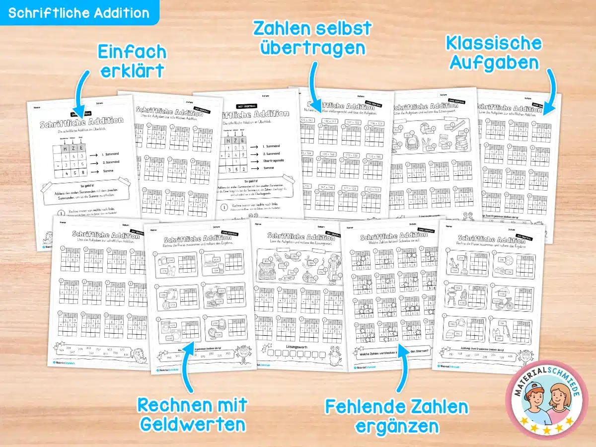 Arbeitsblätter, Aufgaben und Übungen zur schriftlichen Addition (3. Klasse)