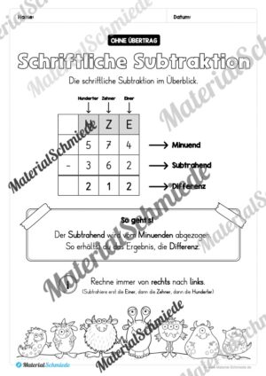 Schriftliche Subtraktion – ZR 1.000 (ohne Übertrag) – Vorschau 02