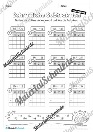 Schriftliche Subtraktion – ZR 1.000 (ohne Übertrag) – Vorschau 03