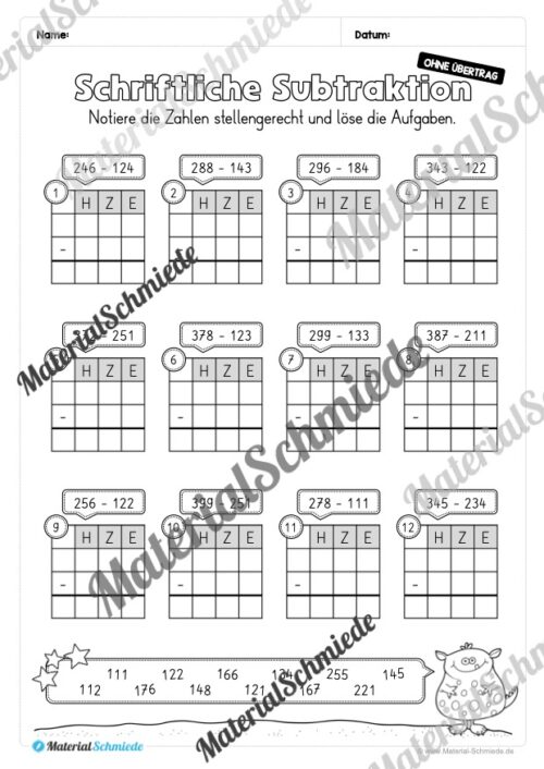 Schriftliche Subtraktion - ZR 1.000 (ohne Übertrag) - Vorschau 03