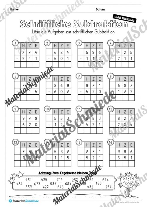 Schriftliche Subtraktion - ZR 1.000 (ohne Übertrag) - Vorschau 07