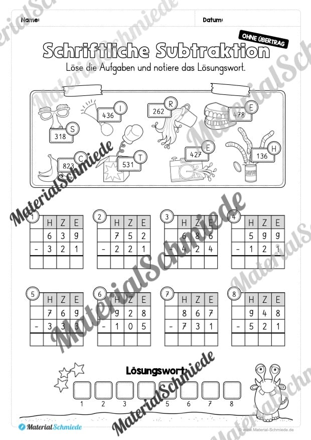 Schriftliche Subtraktion – ZR 1.000 (ohne Übertrag) – Vorschau 13