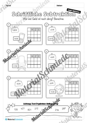 Schriftliche Subtraktion – ZR 1.000 (ohne Übertrag) – Vorschau 14