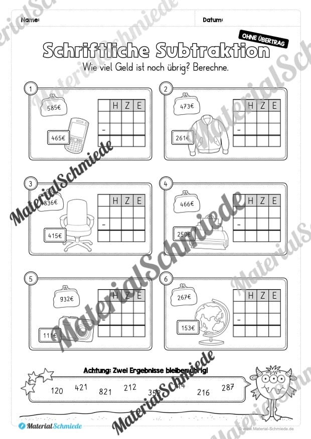 Schriftliche Subtraktion – ZR 1.000 (ohne Übertrag) – Vorschau 14