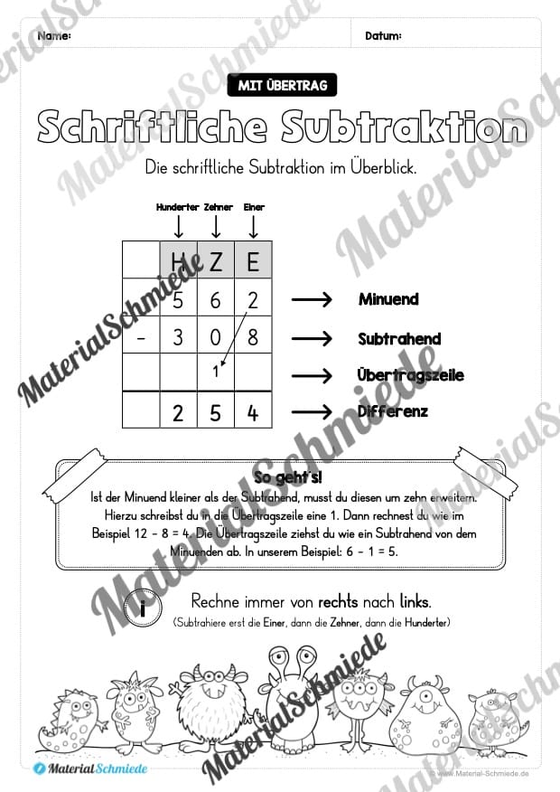 Schriftliche Subtraktion – ZR 1.000 (mit Übertrag) – Vorschau 02