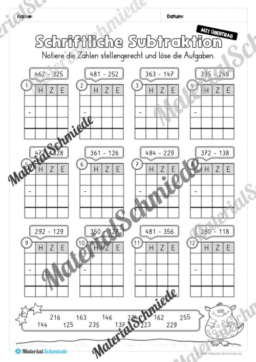 Schriftliche Subtraktion - ZR 1.000 (mit Übertrag) - Vorschau 03
