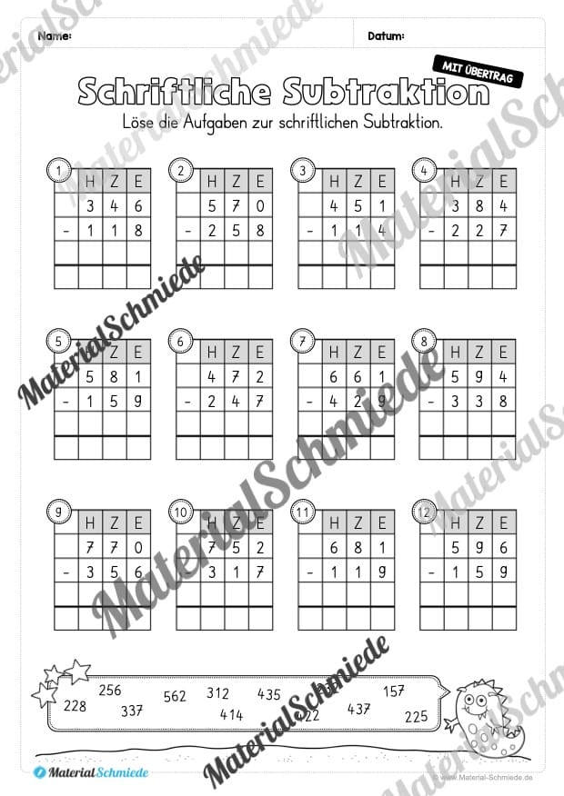 Schriftliche Subtraktion – ZR 1.000 (mit Übertrag) – Vorschau 06