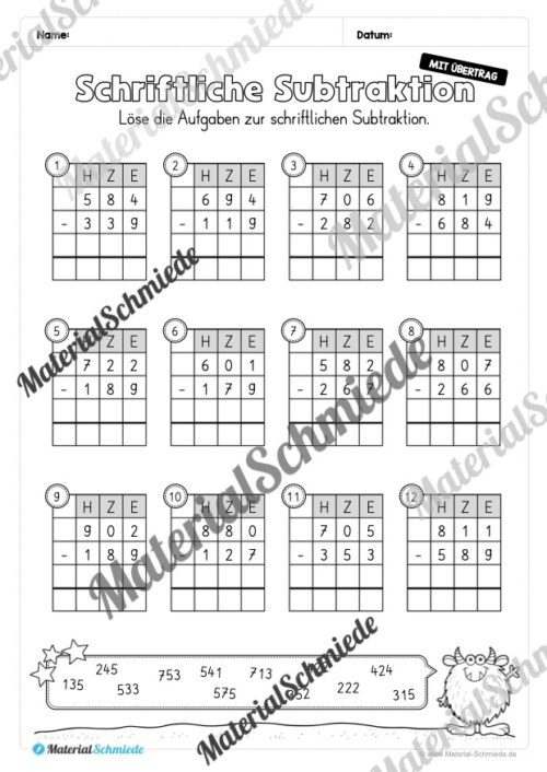 Schriftliche Subtraktion - ZR 1.000 (mit Übertrag) - Vorschau 09
