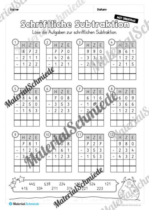 Schriftliche Subtraktion - ZR 1.000 (mit Übertrag) - Vorschau 10