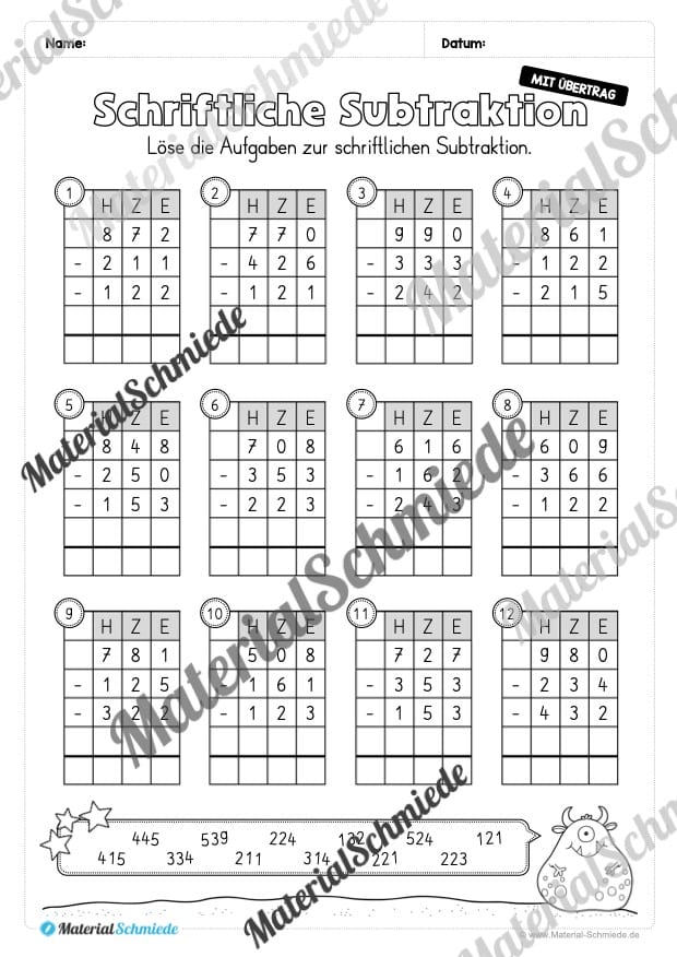 Schriftliche Subtraktion – ZR 1.000 (mit Übertrag) – Vorschau 10