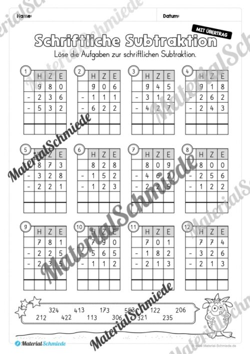 Schriftliche Subtraktion - ZR 1.000 (mit Übertrag) - Vorschau 11