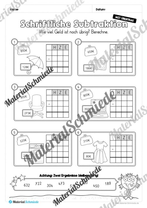 Schriftliche Subtraktion - ZR 1.000 (mit Übertrag) - Vorschau 14