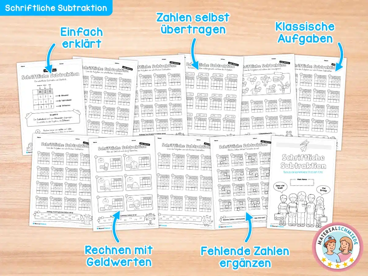 Arbeitsblätter, Aufgaben und Übungen zur schriftlichen Subtraktion (3. Klasse)