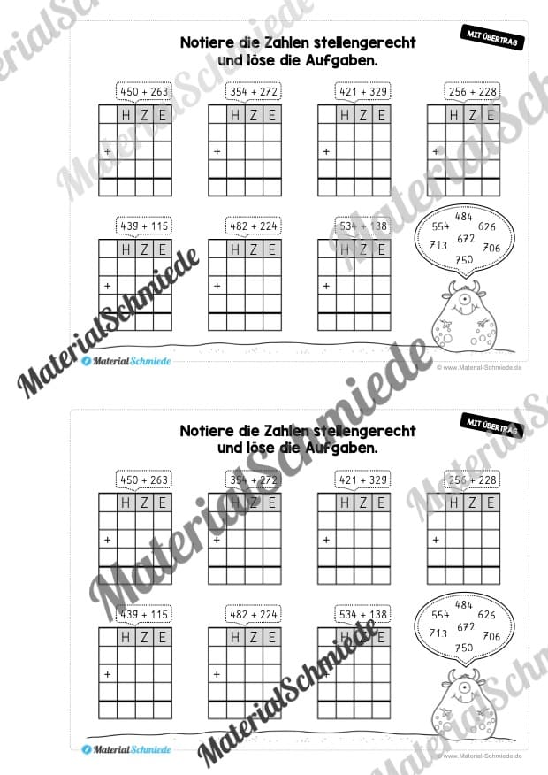 Mini-Heft: Schriftliche Addition & Subtraktion – ZR 1.000 (mit Übertrag) – Vorschau 04