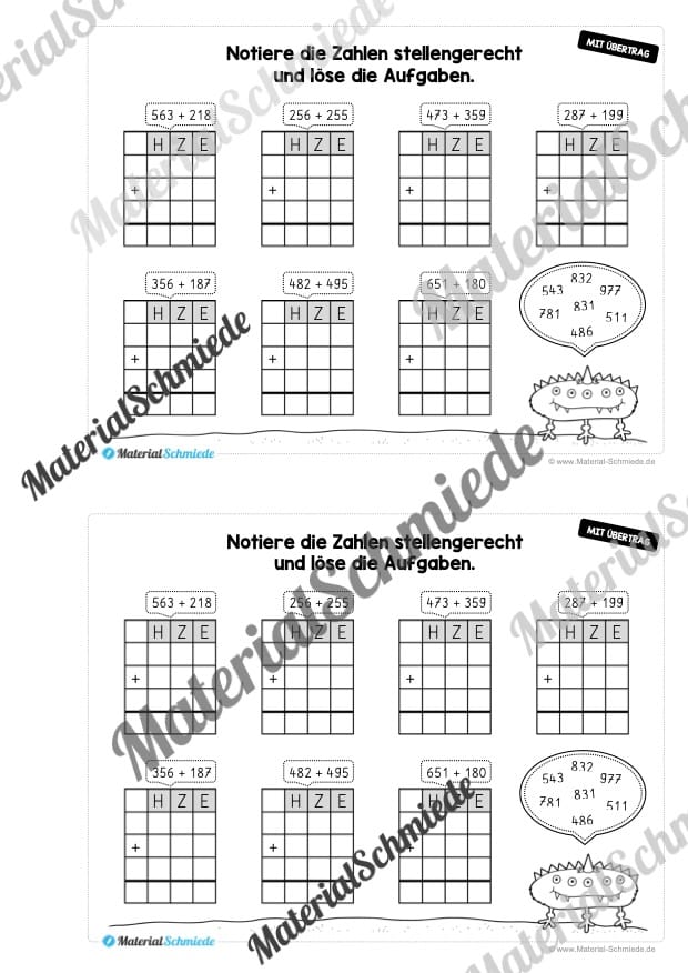 Mini-Heft: Schriftliche Addition & Subtraktion – ZR 1.000 (mit Übertrag) – Vorschau 05