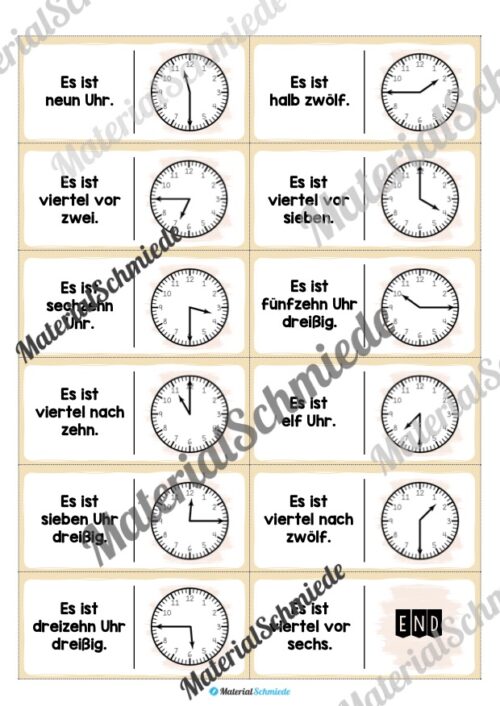 Domino Uhrzeiten (24 Karten) - Arbeitsblatt 02