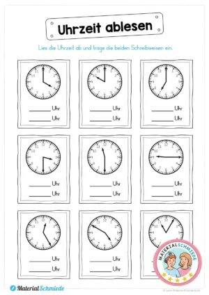 Kostenloses Arbeitsblatt: Uhrzeiten ablesen (2. & 3. Klasse)