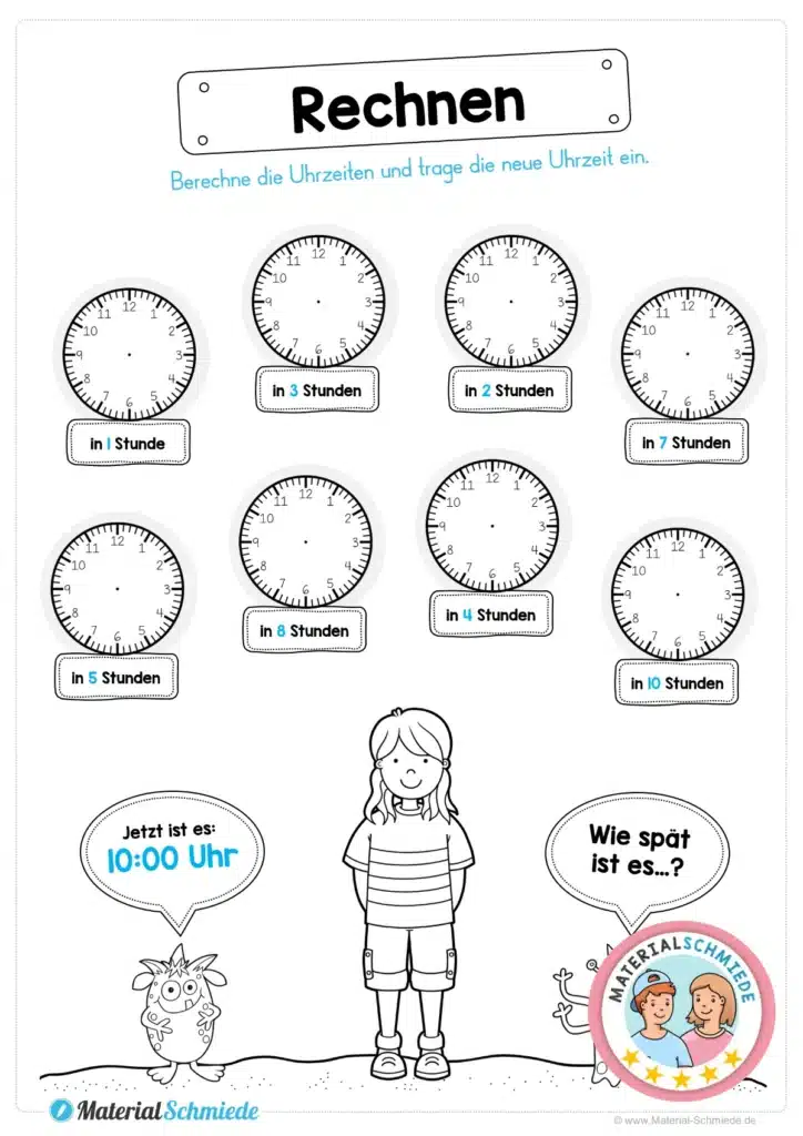 Kostenloses Arbeitsblatt: Rechnen mit Uhrzeiten (2. & 3. Klasse)