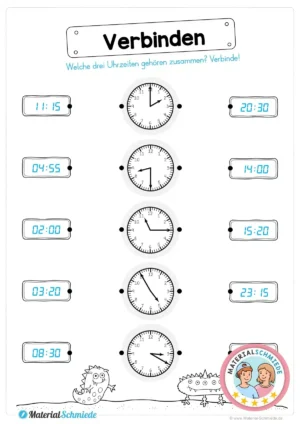 Kostenloses Arbeitsblatt: Uhrzeiten verbinden (2. & 3. Klasse)