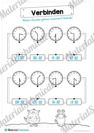 Übungen Uhrzeit: Halbe Stunden (Uhrzeiten verbinden: analog/digital