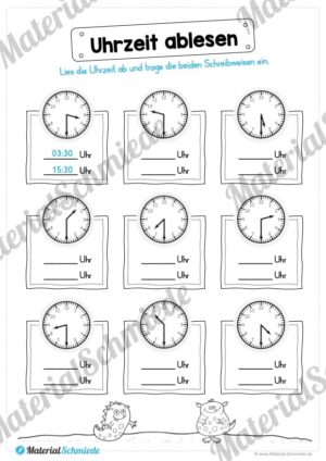 Übungen Uhrzeit: Halbe Stunden (Uhrzeiten ablesen)