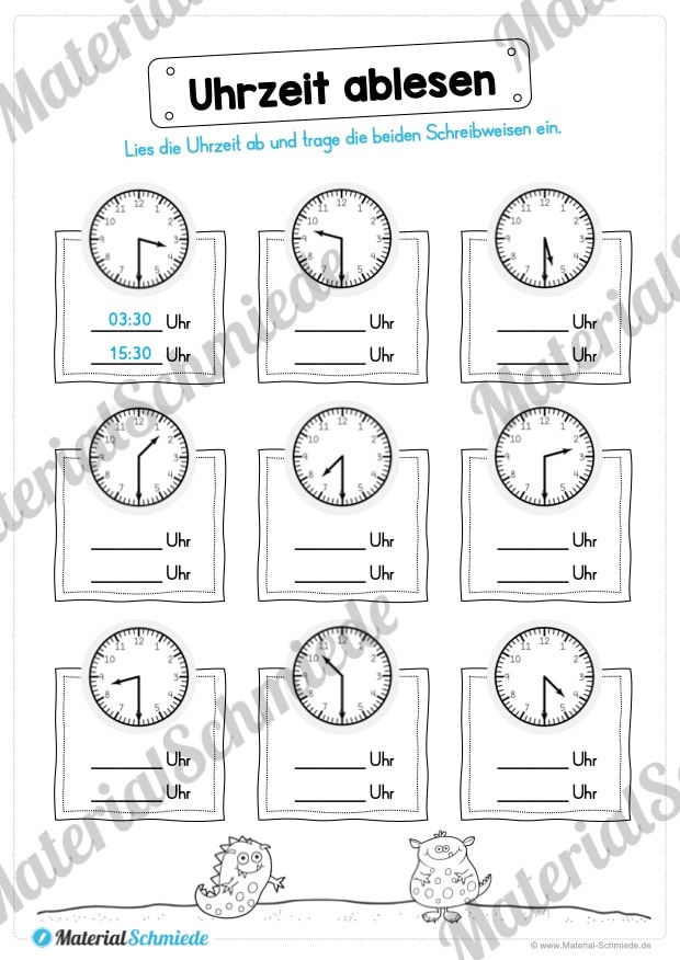 Übungen Uhrzeit: Halbe Stunden (Uhrzeiten ablesen)