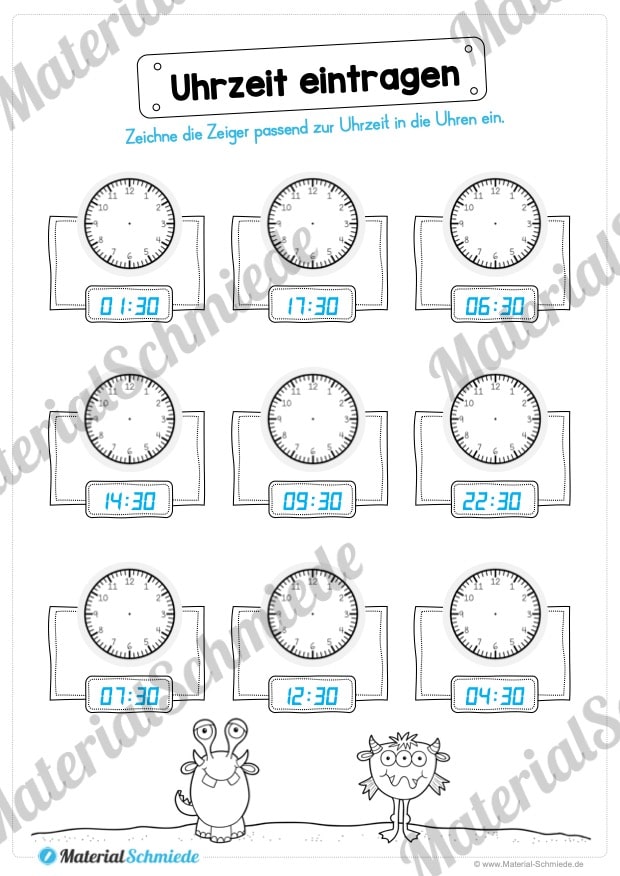 Übungen Uhrzeit: Halbe Stunden (Uhrzeiten eintragen)