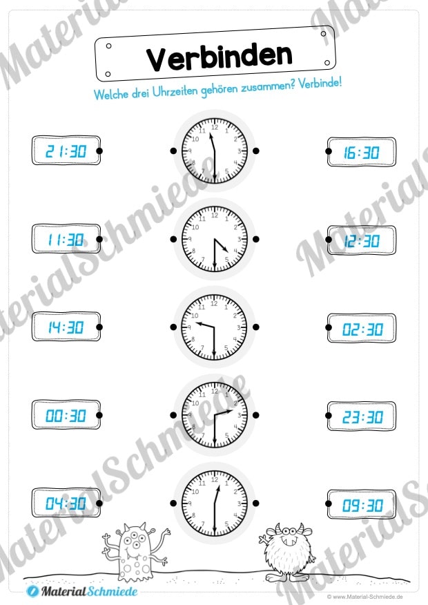 Übungen Uhrzeit: Halbe Stunden (Uhrzeiten verbinden: Zwei Schreibweisen)