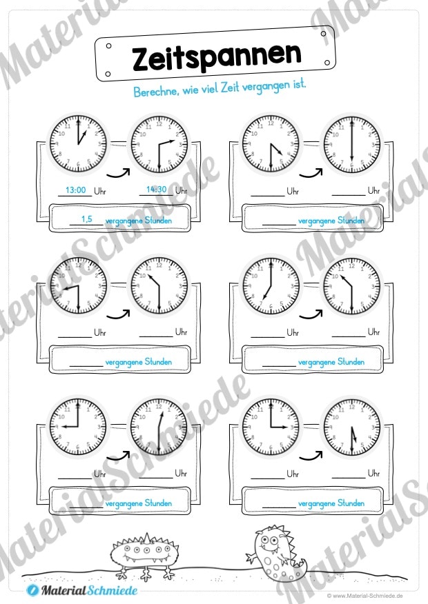 Übungen Uhrzeit: Halbe Stunden (Rechnen Zeitspannen)