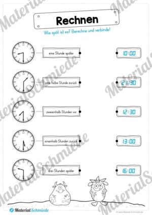 Übungen Uhrzeit: Halbe Stunden (Uhrzeiten verbinden: Analog, Text, digital)