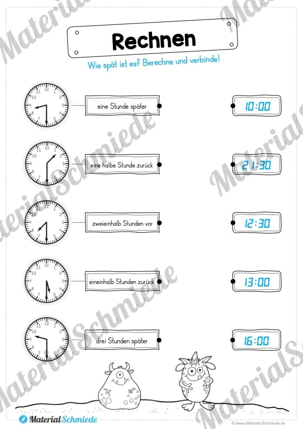 Übungen Uhrzeit: Halbe Stunden (Uhrzeiten verbinden: Analog, Text, digital)