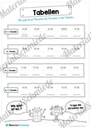 Übungen Uhrzeit: Halbe Stunden (Uhrzeiten in Tabellen eintragen)