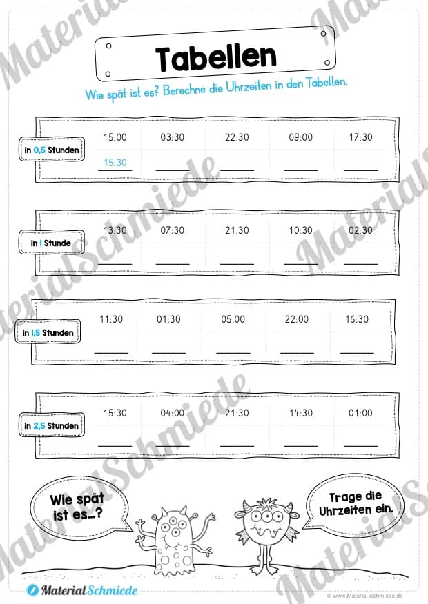 Übungen Uhrzeit: Halbe Stunden (Uhrzeiten in Tabellen eintragen)