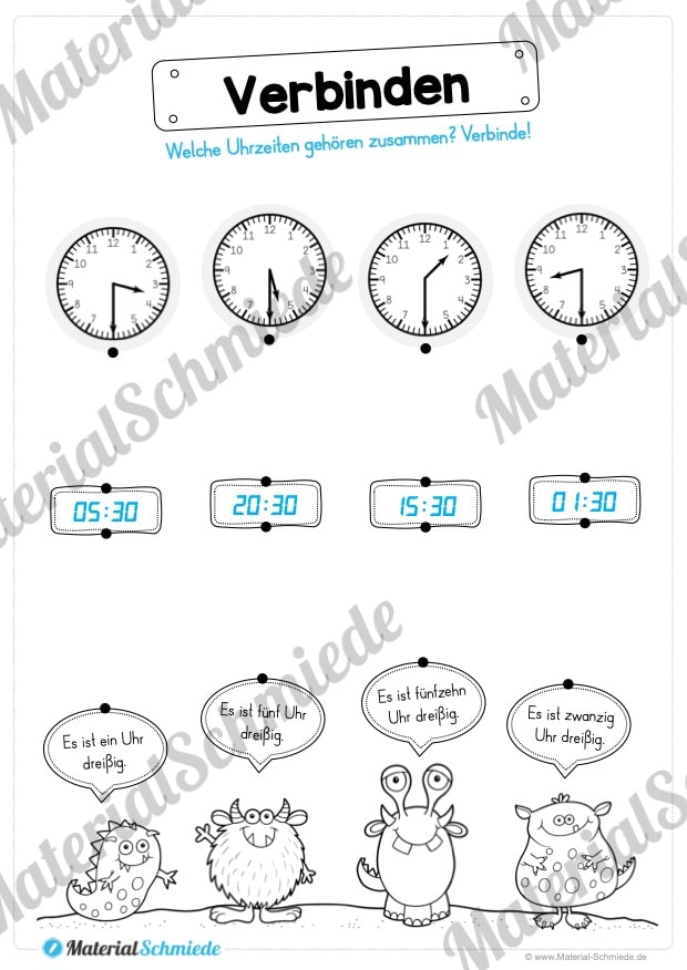 Übungen Uhrzeit: Halbe Stunden (Drei Uhrzeiten verbinden)