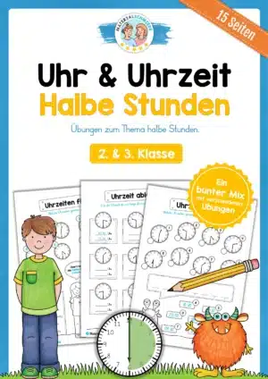 Übungsheft Uhrzeit: 15-Mix-Aufgaben (Halbe Stunden)