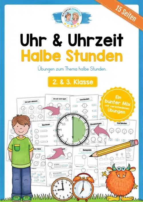 Übungsheft Uhrzeit: 15-Mix-Aufgaben (Halbe Stunden)