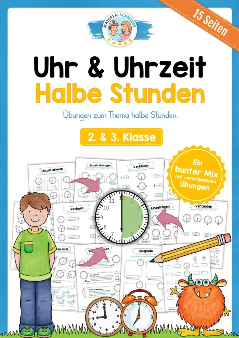 Übungsheft Uhrzeit: 15-Mix-Aufgaben (Halbe Stunden)