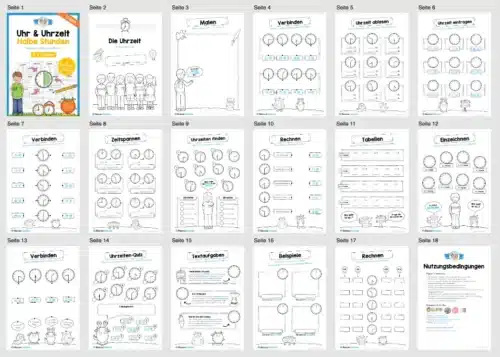 Übungsheft Uhrzeit: 15-Mix-Aufgaben (Halbe Stunden) - Überblick