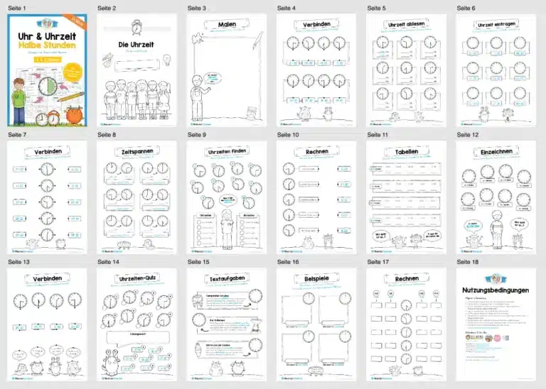 Übungsheft Uhrzeit: 15-Mix-Aufgaben (Halbe Stunden) – Überblick