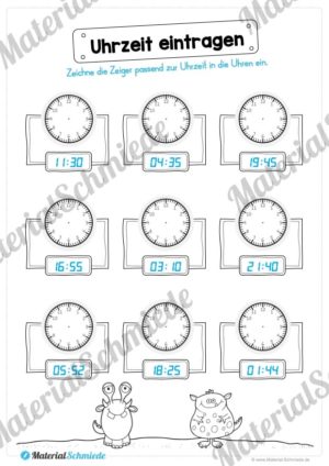 Übungen Uhrzeit: Mix-Aufgaben (Uhrzeiten eintragen)