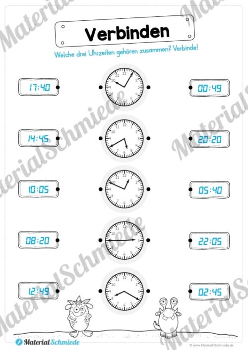 Übungen Uhrzeit: Mix-Aufgaben (Uhrzeiten verbinden: 2 Schreibweisen)