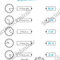 Übungen Uhrzeit: Mix-Aufgaben (Uhrzeiten berechnen und verbinden)