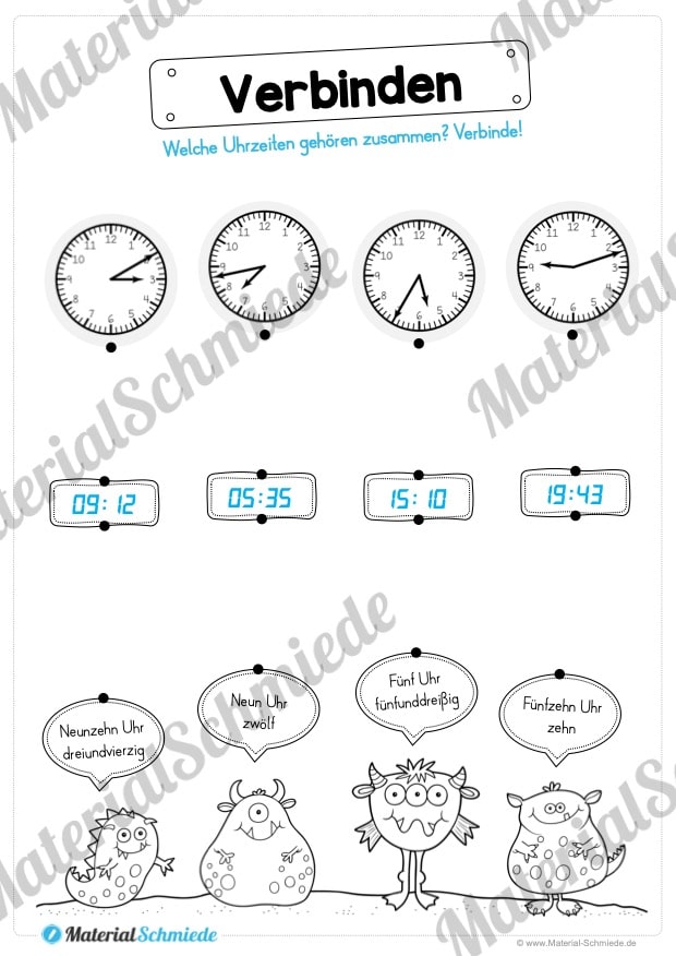 Übungen Uhrzeit: Mix-Aufgaben (Uhrzeiten verbinden: Digital/Analog/Text)