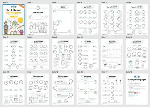 Übungsheft Uhrzeit: 15 Aufgaben (Gemischte Zeiteinheiten) - Überblick
