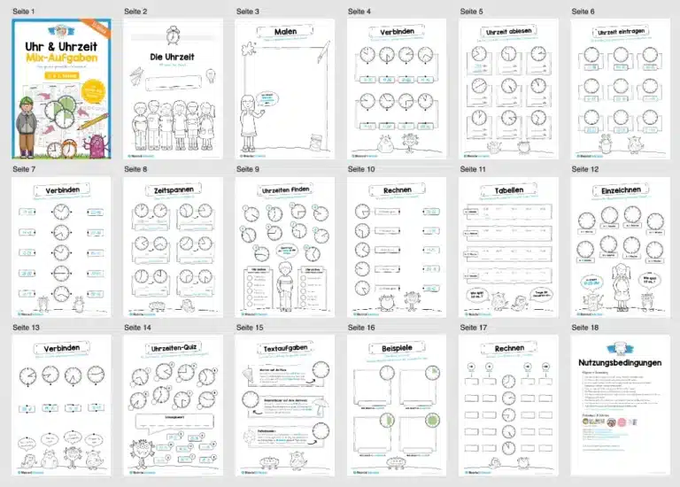 Übungsheft Uhrzeit: 15 Aufgaben (Gemischte Zeiteinheiten) – Überblick Übungsheft Uhrzeit: 15 Aufgaben (Gemischte Zeiteinheiten) – Überblick