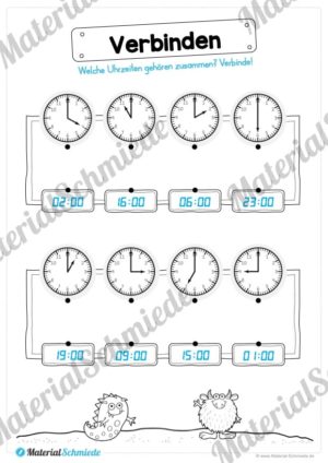 Übungen Uhrzeit: Stunden (Analoge und digitale Uhrzeiten verbinden)