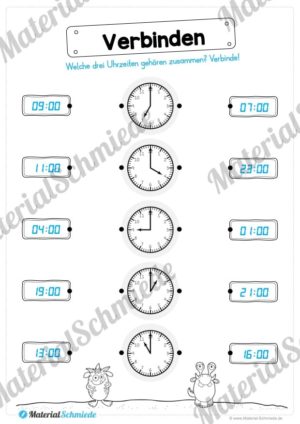 Übungen Uhrzeit: Stunden (Uhrzeiten verbinden – analog & digital)