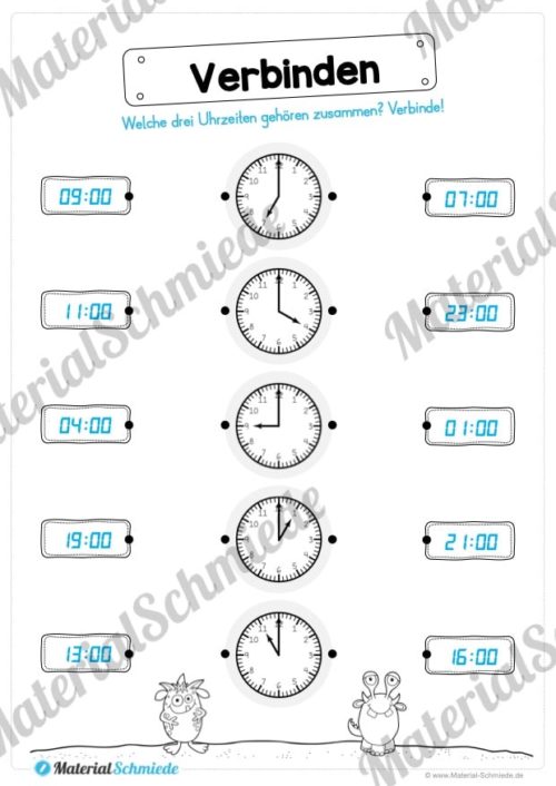 Übungen Uhrzeit: Stunden (Uhrzeiten verbinden - analog & digital)