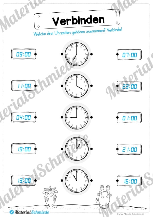 Übungen Uhrzeit: Stunden (Uhrzeiten verbinden – analog & digital)