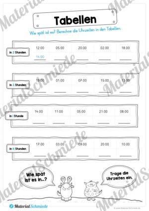 Übungen Uhrzeit: Stunden (Uhrzeiten in Tabellen berechnen)